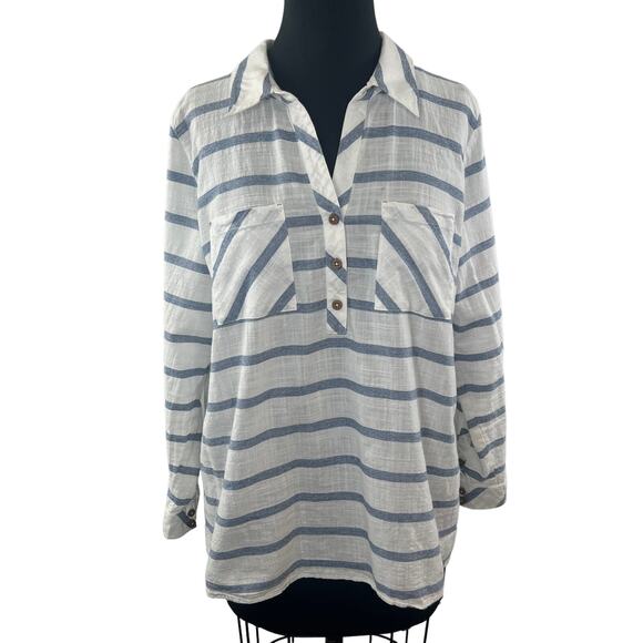 Soft Surrounding White Blue Top Cotton Striped Collared Half Placket Size XL - Picture 1 of 9